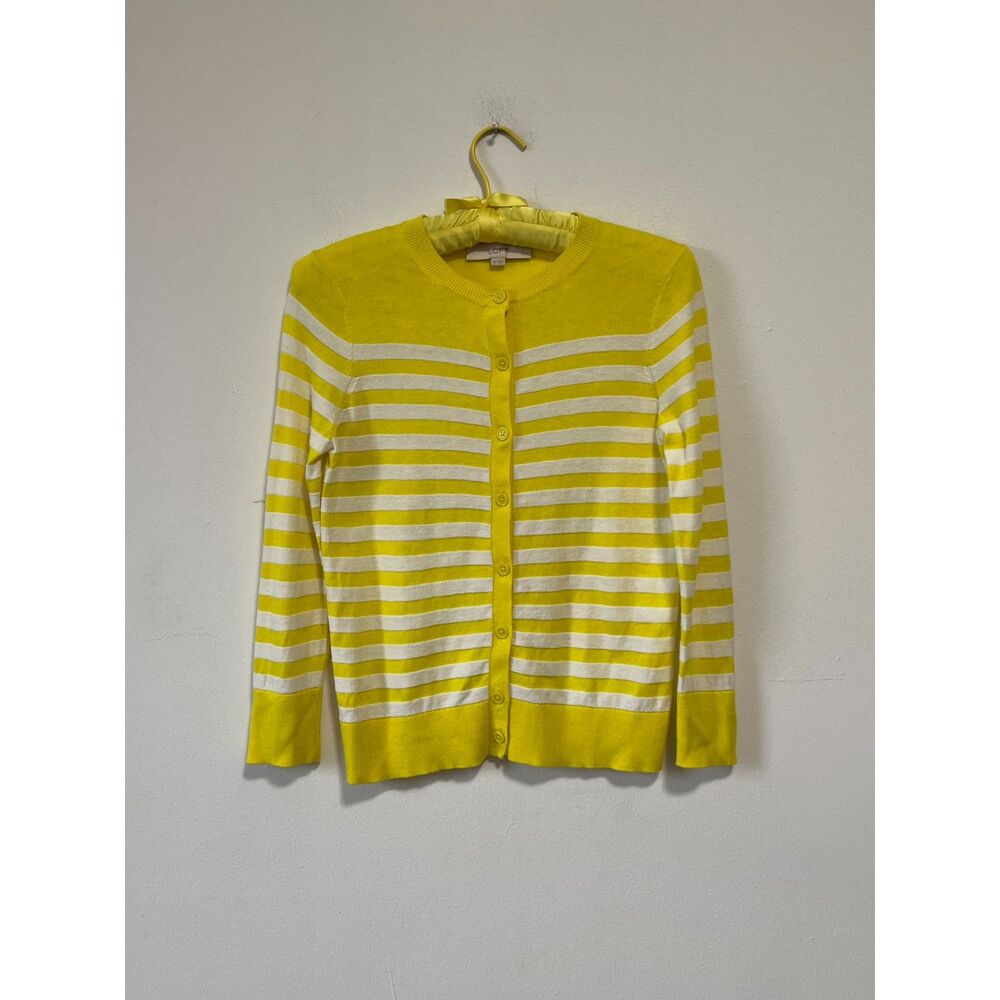 2000s 2010s Yellow White Striped Cardigan Cotton Rayon Wool Blend Loft XS